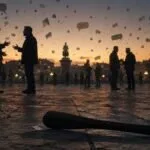 Una piazza pubblica attraversata da parole spezzate e ombre di persone che discutono, simbolo della libertà di espressione e dei suoi limiti.