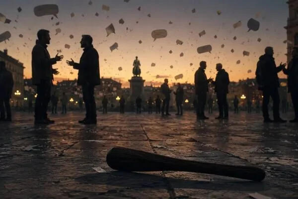 Una piazza pubblica attraversata da parole spezzate e ombre di persone che discutono, simbolo della libertà di espressione e dei suoi limiti.