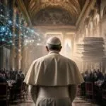 Papa Leone XIV e intelligenza artificiale come tema politico, con una sala istituzionale e simboli digitali sullo sfondo.