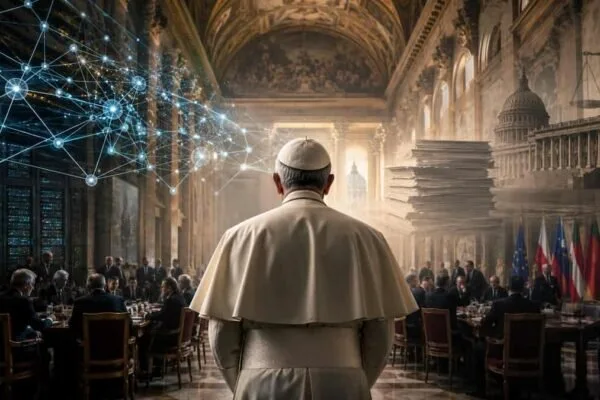 Papa Leone XIV e intelligenza artificiale come tema politico, con una sala istituzionale e simboli digitali sullo sfondo.