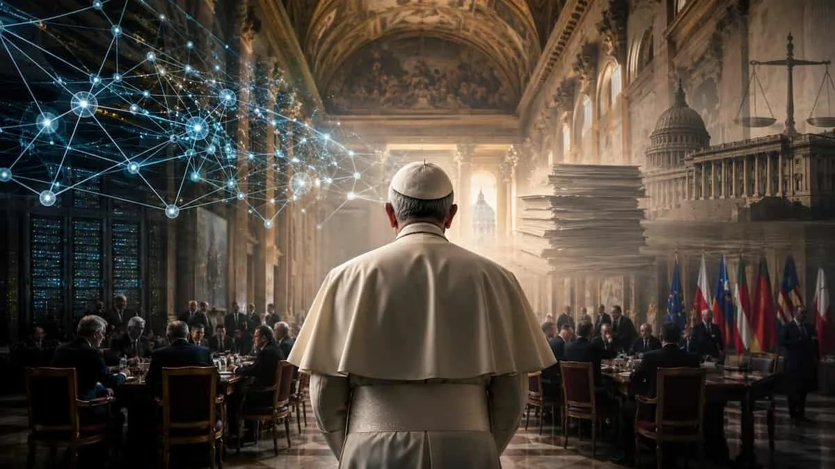 Papa Leone XIV e intelligenza artificiale come tema politico, con una sala istituzionale e simboli digitali sullo sfondo.